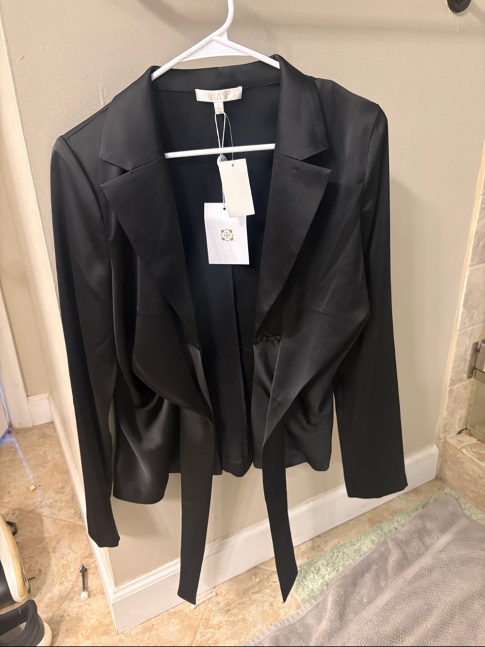 Wayf Black Satin Draped Open Front Blazer